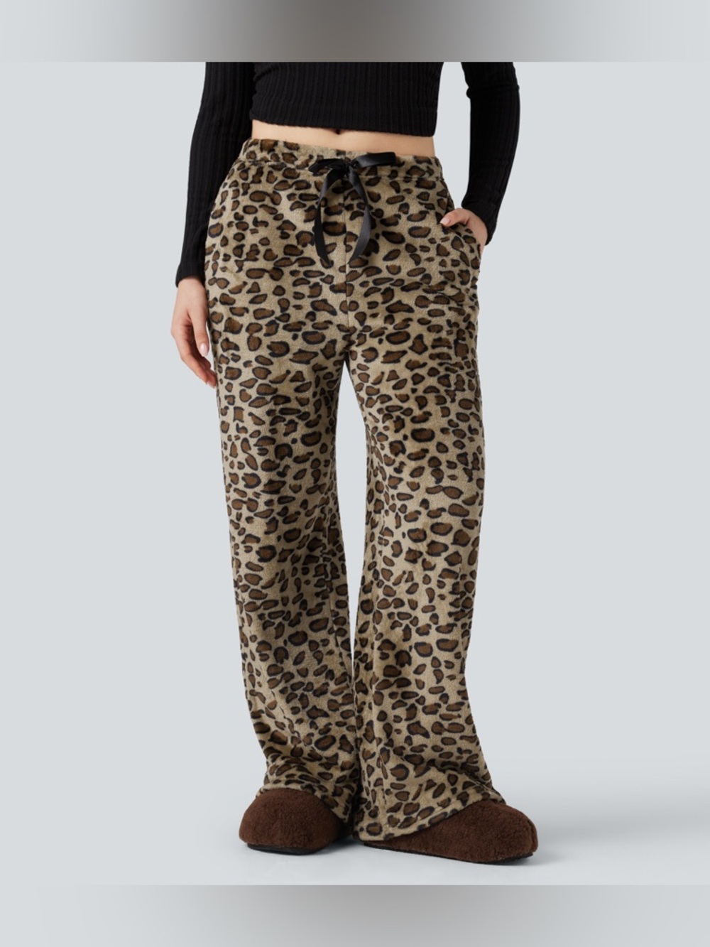 HALARA Mid Rise Leopard Print Fleece Baggy Pants Drawstring Pockets Medium NWT